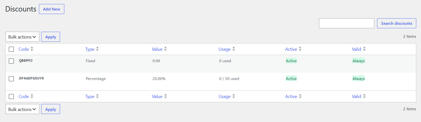 Create and manage fixed or percentage discount codes with usage limits and validity windows.