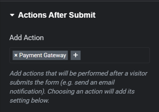 The GatewayKit “Payment Gateway” action inside Elementor Pro’s Actions After Submit, with its gateway, amount, and redirect controls.