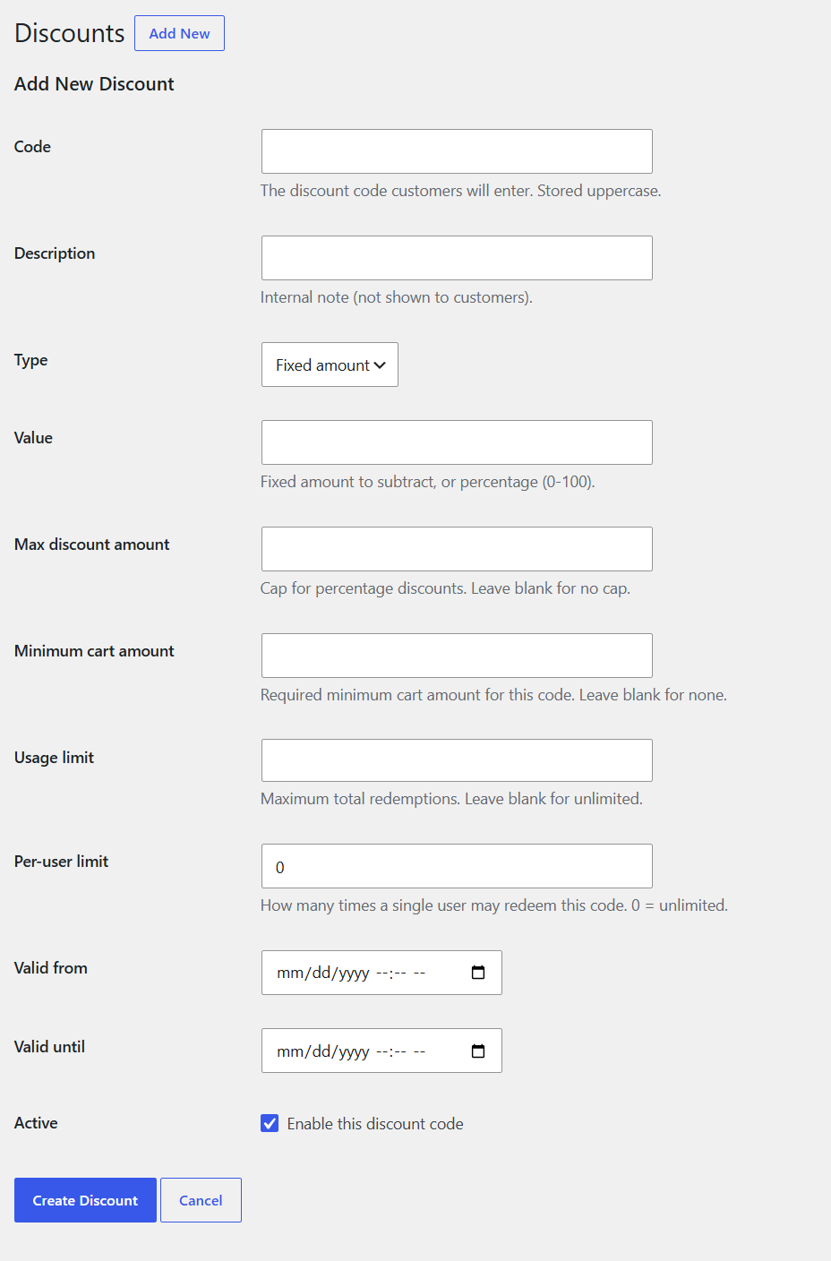 Create a new discount code with type, value, usage limits, and validity windows.