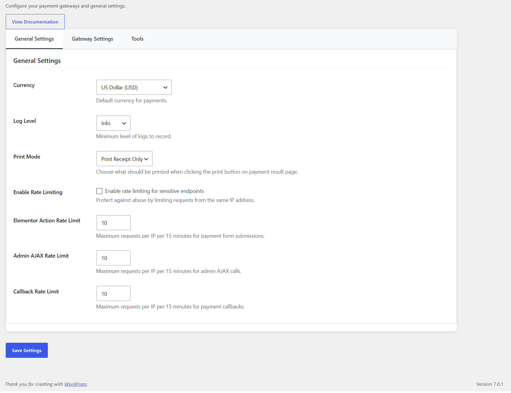 GatewayKit → Settings: currency, log level, print mode, and rate-limiting options.