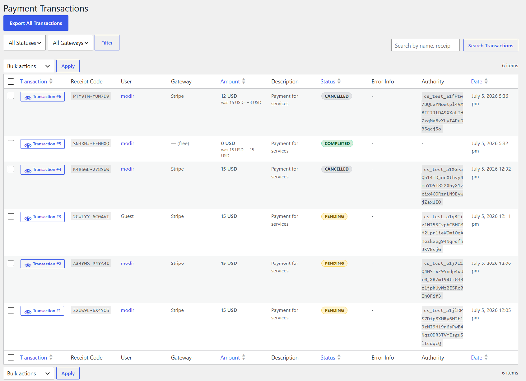 Searchable, filterable list of every payment — status/gateway filters, bulk actions, CSV export.